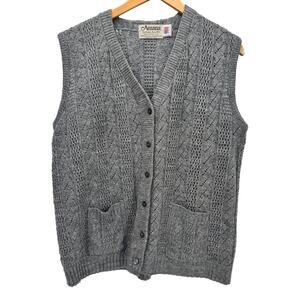 Vintage Amana Sweater Womens Large Gray Wool Pointelle Knit Vest Made in USA